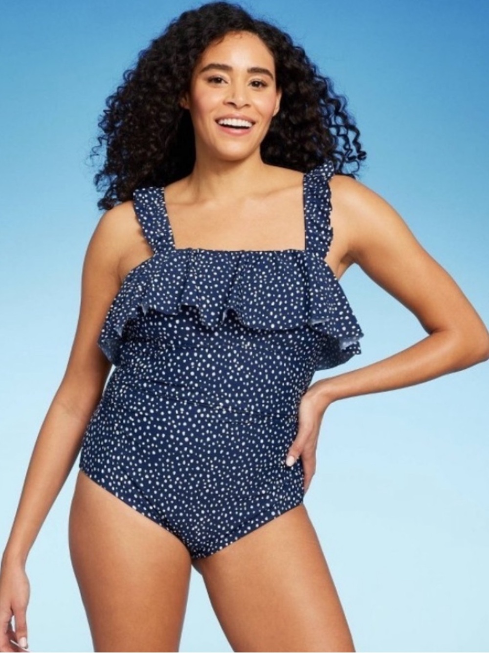 NWT Kona Sol blue/white polka-dot ruffle bodice one-piece swimsuit size 16.